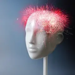 Biała głowa manekina z fajerwerkami nad głową.