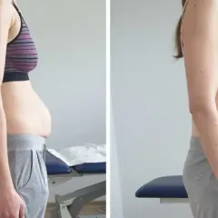 Dwie fotografie kobiety w profilu pokazujące brzuch przed i po ćwiczeniach.