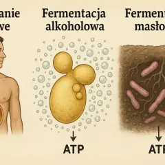 Ilustracja porównująca oddychanie tlenowe (człowiek z mitochondrium), fermentację alkoholową (drożdże z bąbelkami) i fermentację masłową (pałeczki w glebie).