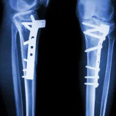 RTG kolan z implantami i śrubami po osteotomii.