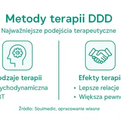 Grafika przedstawia metody terapii DDD: ikonę głowy z kołem zębatym (rodzaje terapii) i ikonę uścisku dłoni (efekty terapii).