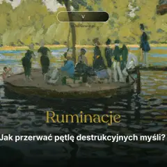 Obraz w stylu impresjonistycznym przedstawiający ludzi na łodzi i w wodzie, z tekstem "Ruminacje".
