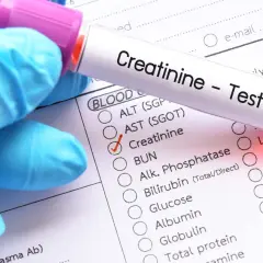 Ręka w niebieskiej rękawiczce trzyma probówkę z napisem "Creatinine - Test" nad formularzem badań.
