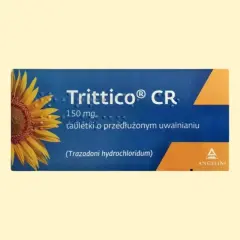 Opakowanie leku Trittico CR 150 mg z motywem słonecznika.