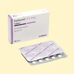 Pudełko i blistry tabletek Euthyrox 75 mcg na jasnym tle.