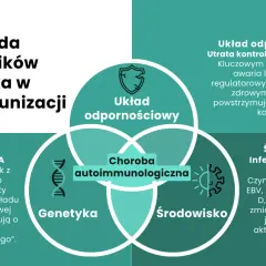 Diagram przedstawiający trzy nakładające się okręgi: Układ odpornościowy, Genetyka i Środowisko, z centralnym obszarem Choroba autoimmunologiczna.