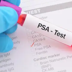 Probówka z krwią do badania PSA na tle formularza medycznego z zaznaczoną opcją PSA.