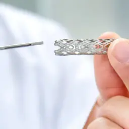 Dłoń trzyma metalowy stent o ażurowej strukturze, obok widoczny jest instrument medyczny.