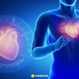 Anatomical illustration of a human torso with a glowing heart, next to a holographic heart in a circular display.