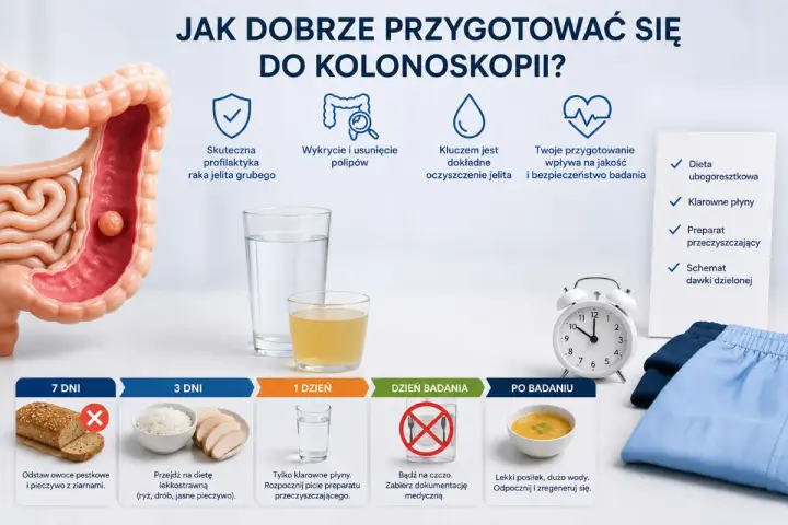 Grafika przedstawia schemat przygotowania do kolonoskopii z ikonami i opisami.