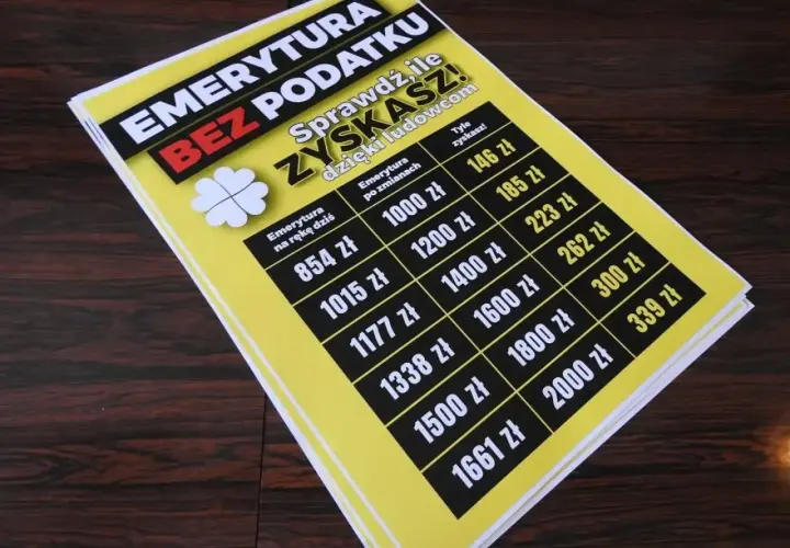 Żółta plansza z tabelą porównującą emeryturę "na rękę dziś" i "po zmianach", z kolumną "Tyle zyskasz!".