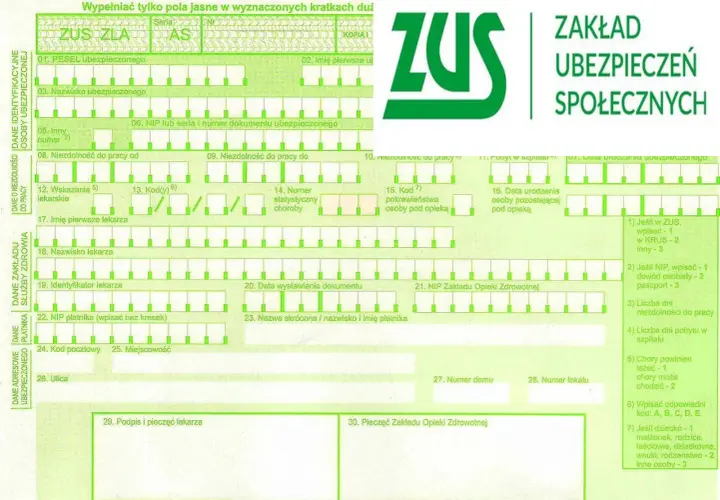 Formularz ZUS ZLA z zielonym logo ZUS i polami do wypełnienia.
