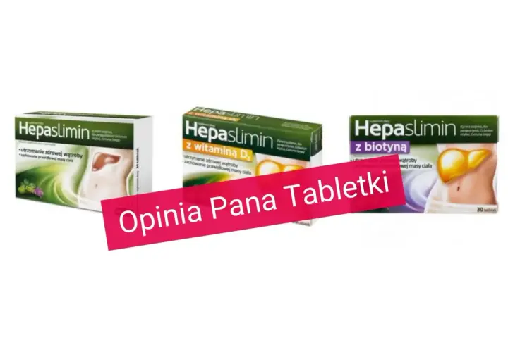 Trzy opakowania suplementu Hepaslimin z grafiką wątroby i sylwetki.