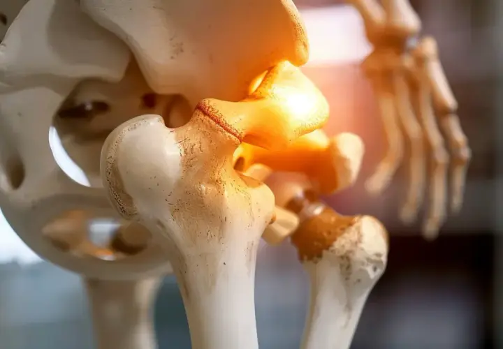 Model anatomiczny stawu biodrowego z podświetlonym obszarem bólu.