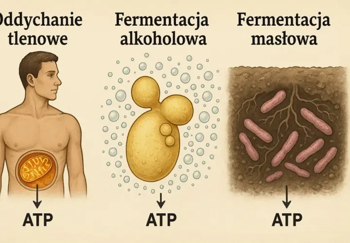 Ilustracja porównująca oddychanie tlenowe (człowiek z mitochondrium), fermentację alkoholową (drożdże z bąbelkami) i fermentację masłową (pałeczki w glebie).