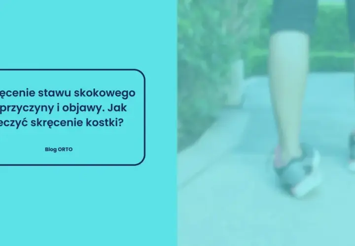 Noga w bucie sportowym na ścieżce, z tekstem o leczeniu skręconej kostki.
