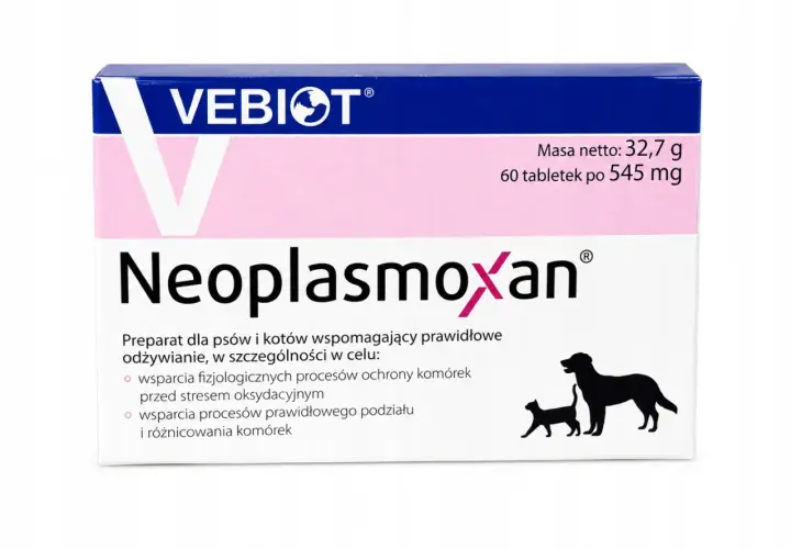 Opakowanie preparatu Neoplasmoxan dla psów i kotów z wizerunkiem psa i kota.