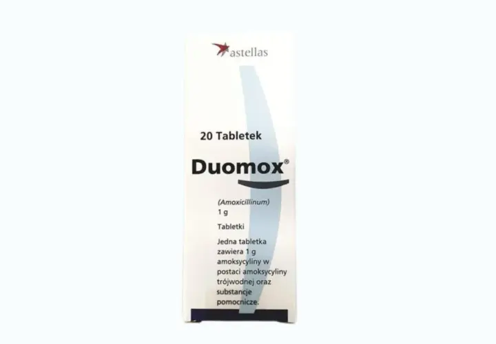 Opakowanie leku Duomox (amoksycylina) 1g, zawierające 20 tabletek.