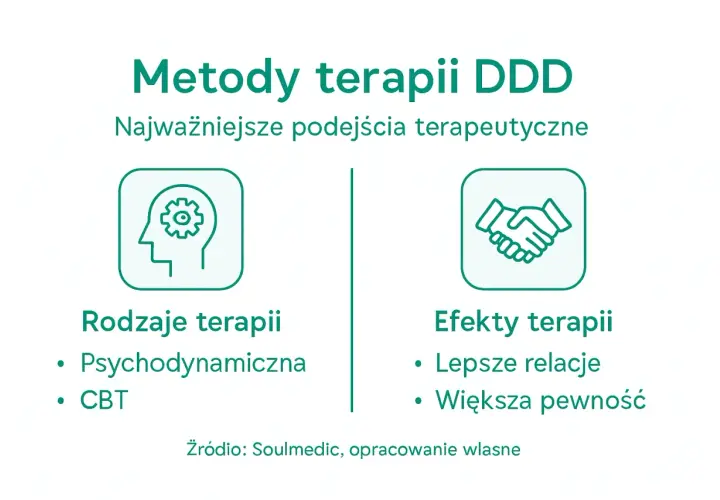 Grafika przedstawia metody terapii DDD: ikonę głowy z kołem zębatym (rodzaje terapii) i ikonę uścisku dłoni (efekty terapii).