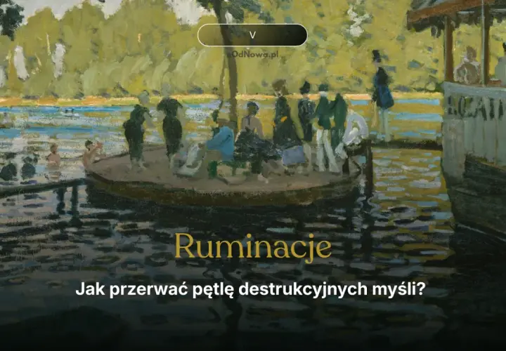 Obraz w stylu impresjonistycznym przedstawiający ludzi na łodzi i w wodzie, z tekstem "Ruminacje".