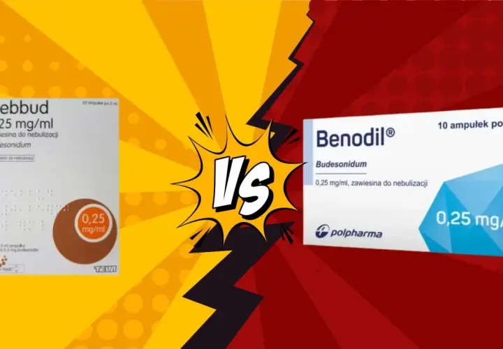 Dwie paczki leku z budezonidem: Nebbud i Benodil, z symbolem "VS" pośrodku.