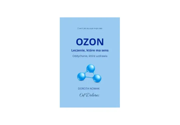 Grafika przedstawia symbol cząsteczki ozonu na jasnoniebieskim tle z tekstem.