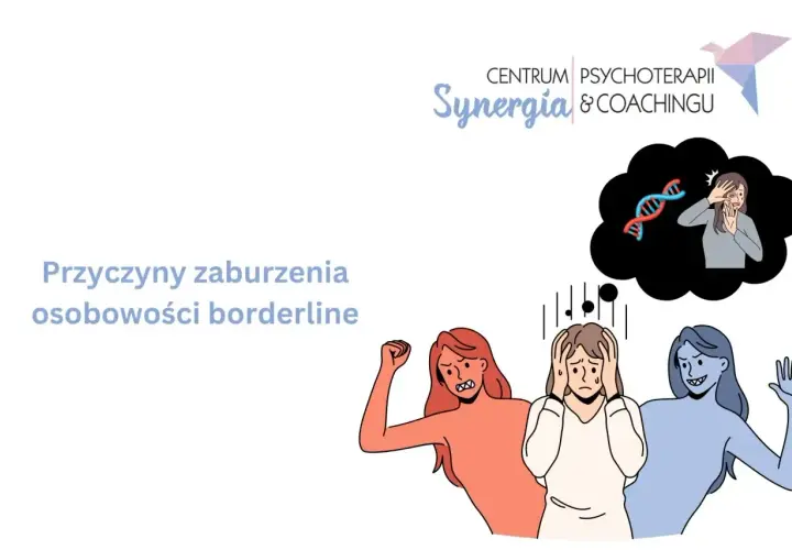 Ilustracja przedstawia trzy kobiety symbolizujące różne stany emocjonalne, z chmurką myśli z DNA.