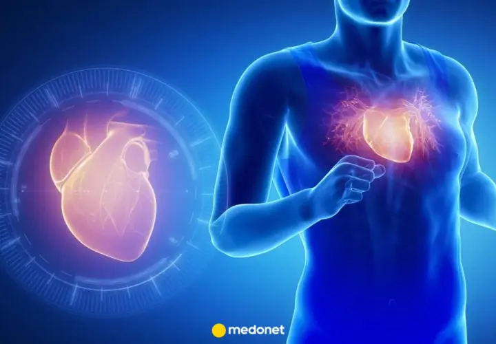 Anatomical illustration of a human torso with a glowing heart, next to a holographic heart in a circular display.
