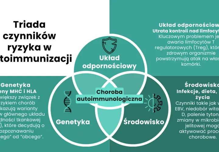 Diagram przedstawiający trzy nakładające się okręgi: Układ odpornościowy, Genetyka i Środowisko, z centralnym obszarem Choroba autoimmunologiczna.