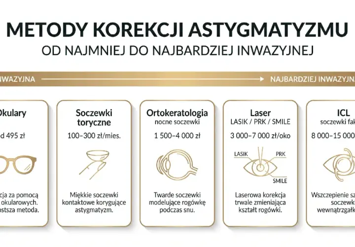 Metody korekcji astygmatyzmu: okulary, soczewki, ortokeratologia, laser, ICL. Dowiedz się, co to astygmatyzm i jak go leczyć.