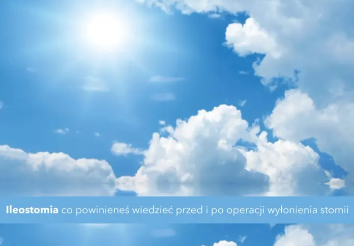 Jasne niebo z białymi chmurami i słońcem. Na dole niebieski pas z tekstem.