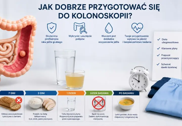 Grafika przedstawia schemat przygotowania do kolonoskopii z ikonami i opisami.