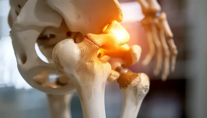 Model anatomiczny stawu biodrowego z podświetlonym obszarem bólu.