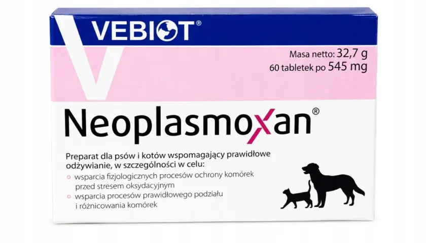 Opakowanie preparatu Neoplasmoxan dla psów i kotów z wizerunkiem psa i kota.