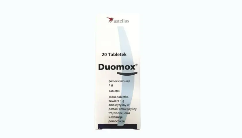 Opakowanie leku Duomox (amoksycylina) 1g, zawierające 20 tabletek.