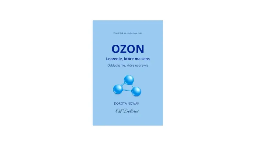 Grafika przedstawia symbol cząsteczki ozonu na jasnoniebieskim tle z tekstem.