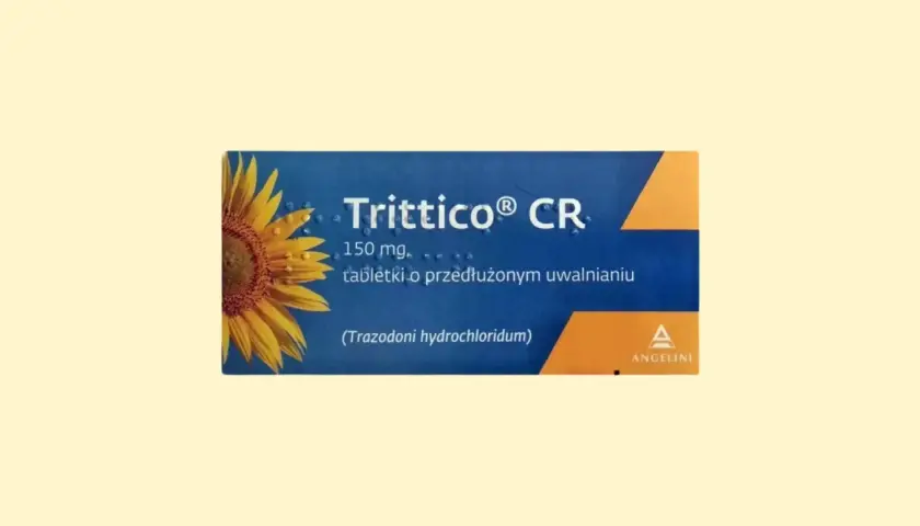 Opakowanie leku Trittico CR 150 mg z motywem słonecznika.