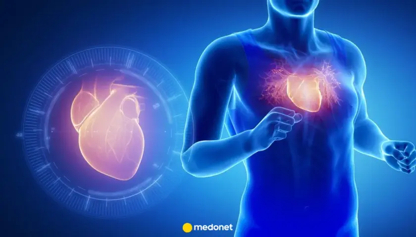 Anatomical illustration of a human torso with a glowing heart, next to a holographic heart in a circular display.