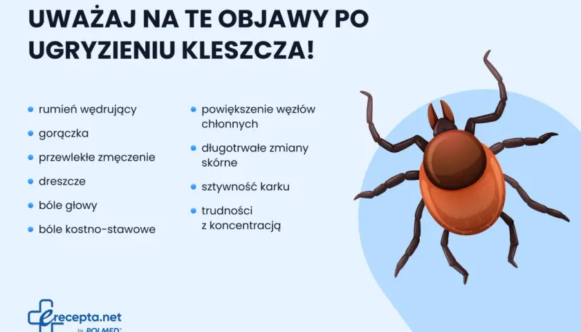 Ilustracja kleszcza z listą objawów po ugryzieniu: rumień, gorączka, zmęczenie, bóle.