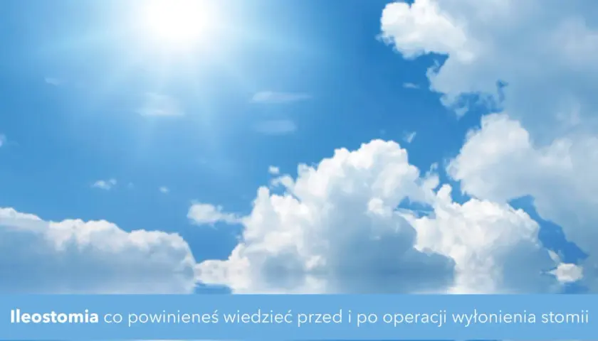 Jasne niebo z białymi chmurami i słońcem. Na dole niebieski pas z tekstem.
