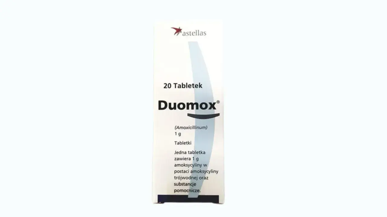 Opakowanie leku Duomox (amoksycylina) 1g, zawierające 20 tabletek.