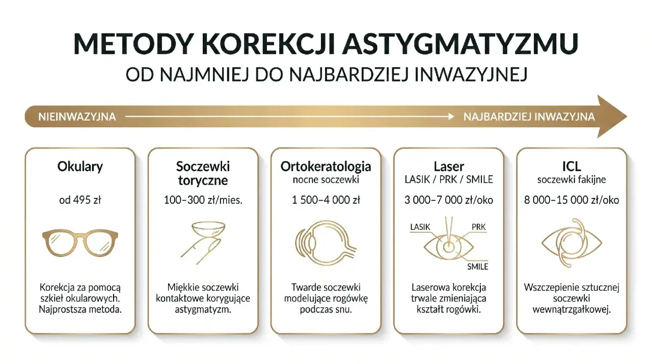 Metody korekcji astygmatyzmu: okulary, soczewki, ortokeratologia, laser, ICL. Dowiedz się, co to astygmatyzm i jak go leczyć.